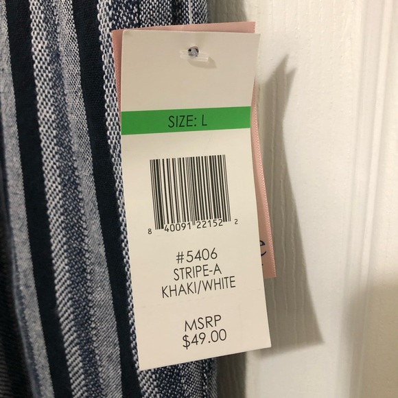 Per Se Women's Navy Ivory Vertical Striped Linen Pull on Capris Side Pockets - Picture 3 of 8